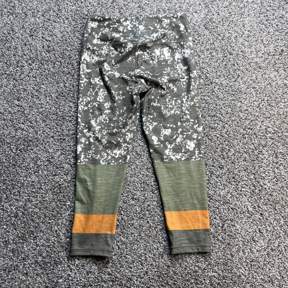 Prana Women's XS Olive Green Floral Colorblock Crop Leggings Yoga Pants Stripe - Picture 8 of 9